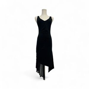 Vintage Bebe Ruched Asymmetrical Black Midi Dress Small Y2K Fairy Whimsical